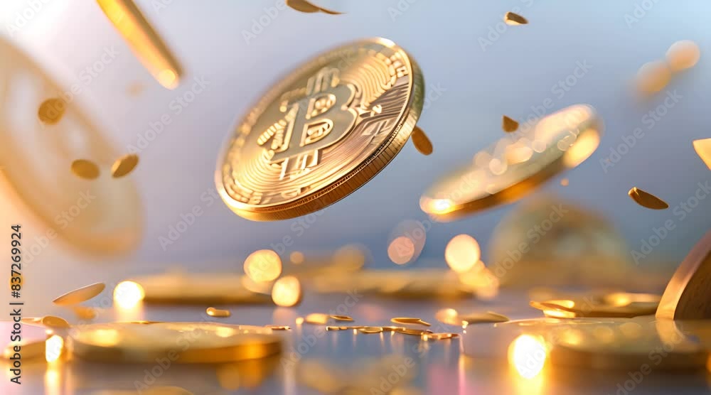 Cryptocurrency concept or electronic payments. Technology 3d i Realistic gold coins explosion or splash Rain of golden bitcoins. Falling or flying money.4k video slow-motion