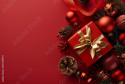Christmas present box wrapped in red paper with golden ribbon and bow, red Christmas sparkly decorations round balls, pine cone on red paper background top view flat lay with space for text © Straxer