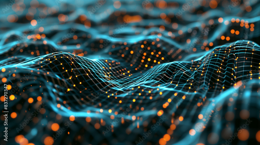 A blue and orange wave pattern with many dots
