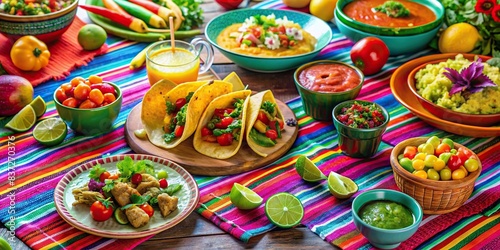 Colorful Mexican fiesta table with tacos, margaritas, and vibrant decorations , Mexican, fiesta, table, tacos, margaritas, vibrant, colorful, decorations, celebration, party, Cinco de Mayo