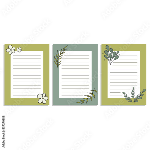 A set of banners with flowers and branches on a white background. Set sheets of paper and bookmarks for a diary.