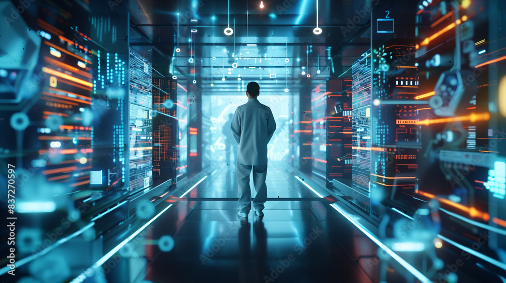 A man stands in a room with many computer monitors A man stands in a room with many computer monitors