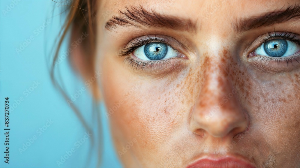 Fototapeta premium Close-up of Blue-eyed Woman with Freckles Against Blue Background