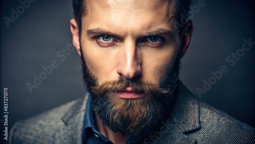 Close-up portrait of a stylish man with a beard staring confidently at the camera, confident, handsome, man, beard, intense gaze, attractive, masculinity, fashion, stylish, modern, trendy photo