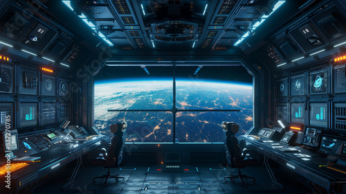 Fototapeta Naklejka Na Ścianę i Meble -  A computer room with two chairs and a large window that shows the Earth