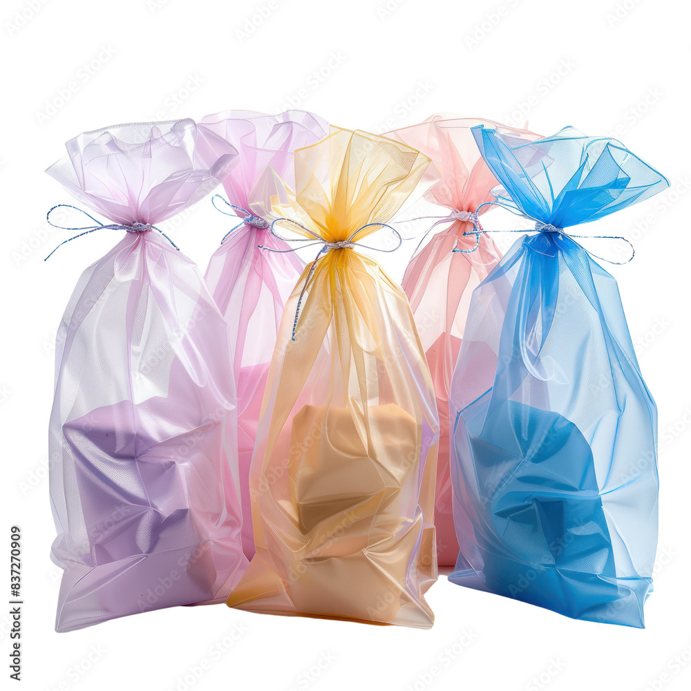 Colorful plastic gift bags with bows on a white background, perfect for celebrations, parties, or special occasions. transparent backgrounds Colorful plastic gift bags with bows on a white background, perfect for celebrations, parties, or special occasions. transparent backgrounds