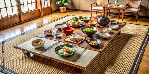 Minimalist Japanese low dining table with traditional dishes, bowls, and chopsticks on tatami mat floor , Japanese, low dining table, traditional, dishes, bowls, chopsticks, tatami mat