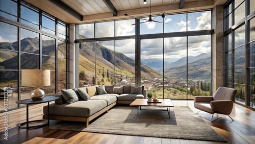 Minimalist living room with large windows overlooking a historic mining town , vintage, industrial, serene, peaceful, empty, modern, open space, bright, cozy, simple, rural, town, mountains © joompon