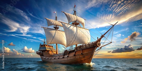 Century large caravel with white sails on the open sea  caravel  white sails  ship  ocean  nautical  historical  vintage  exploration  adventure  transportation  wooden  mast  voyage