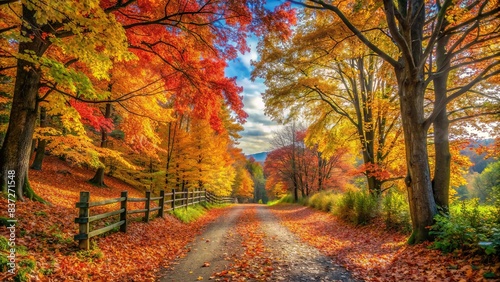A scenic autumn landscape with colorful leaves and a rustic path