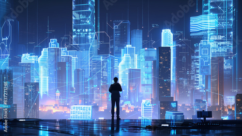 A man stands in front of a cityscape with tall buildings and a blue sky © WETDREAM