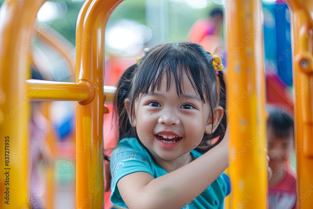 Smiling young girl playing on a colorful playground Smiling young girl playing on a colorful playground