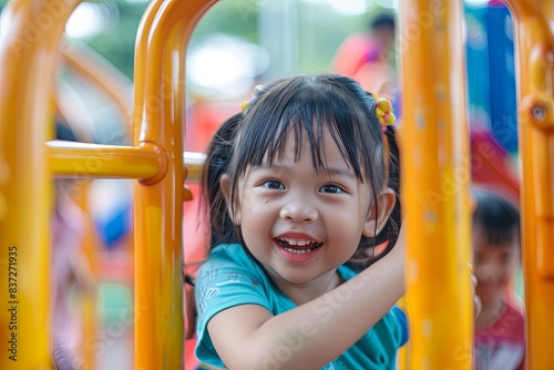 Smiling young girl playing on a colorful playground © Julia D