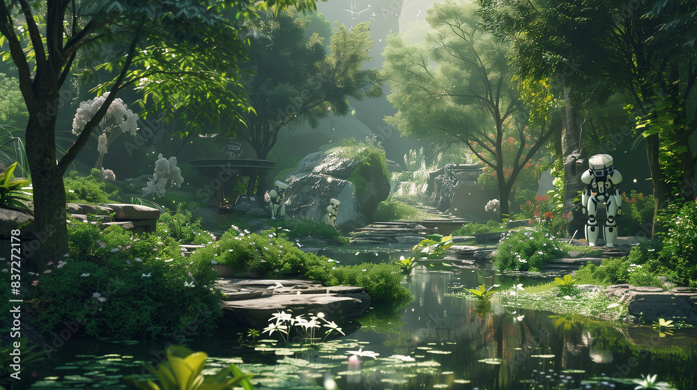 A lush green forest with a river running through it A lush green forest with a river running through it