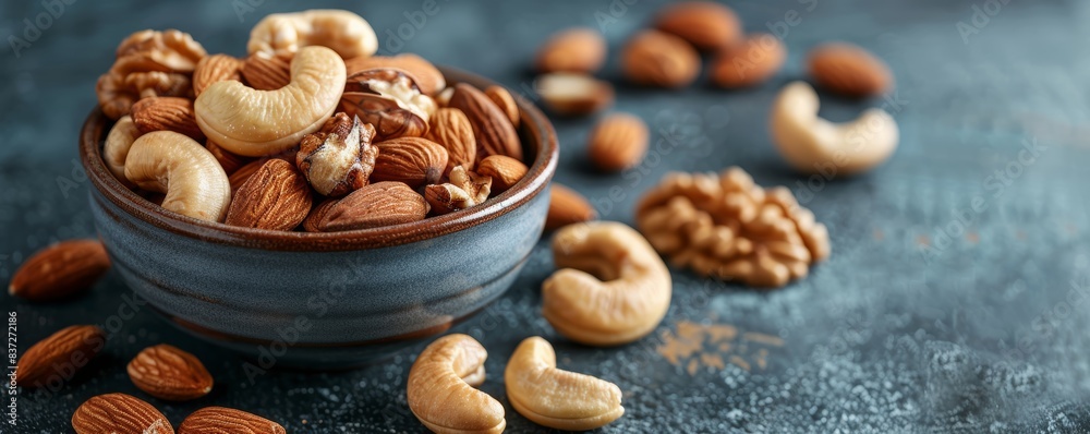 Assorted nuts in a bowl, almonds, walnuts, cashews, healthy plant fats, rustic setting, nutritious snack, copy space Assorted nuts in a bowl, almonds, walnuts, cashews, healthy plant fats, rustic setting, nutritious snack, copy space