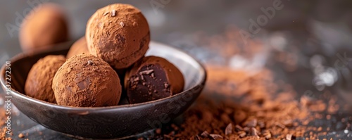 Vegan chocolate truffles, rich and decadent, coated in cocoa powder, elegant and indulgent, gourmet treat, copy space