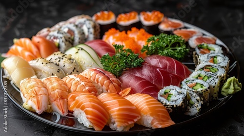 Traditional Japanese sushi platter, beautifully arranged, fresh fish and rice, cultural dining experience, elegant presentation, copy space