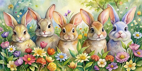 Watercolor of happy rabbits surrounded by flowers , watercolor, rabbits, happy, flowers, nature, animal, cute, wildlife, painting, art, spring, Easter, colorful, vibrant, whimsical, joyful photo