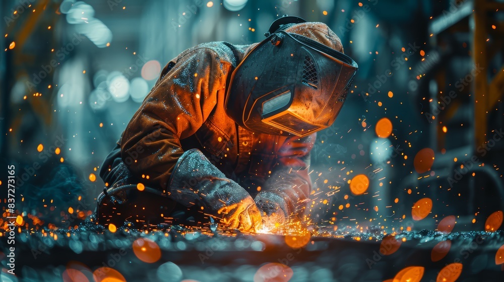 Industrial worker welding with sparks flying, protective gear, intense focus, skilled craftsmanship, powerful and dynamic, copy space Industrial worker welding with sparks flying, protective gear, intense focus, skilled craftsmanship, powerful and dynamic, copy space