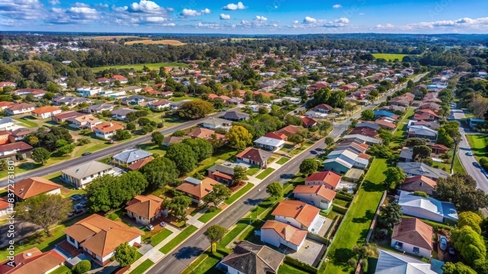 Aerial view of a typical Australian suburb , suburb, houses, neighborhood, streets, rooftops, community, cars, trees, landscape, residential area, aerial view, Australia