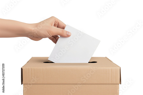 Ballot box with hand holding a ballot paper voting isolated on transparent background