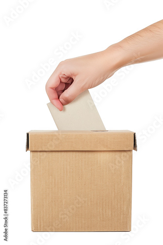 Ballot box with hand holding a ballot paper voting isolated on transparent background