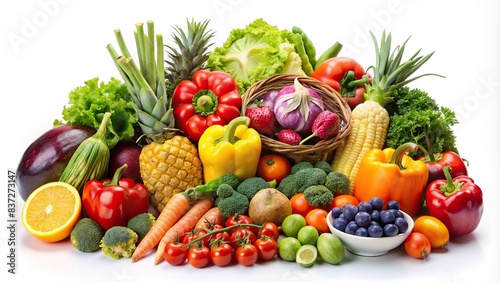 Assortment of fresh fruits and vegetables on a white background  healthy  organic  produce  colorful  nutritious  natural  variety  agriculture  ripe  market  diet  health  vibrant  food  juicy