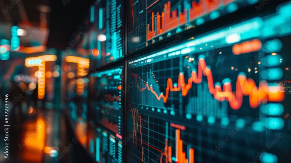 A dynamic display of stock market graphs on multiple screens in a busy trading floor environment A dynamic display of stock market graphs on multiple screens in a busy trading floor environment