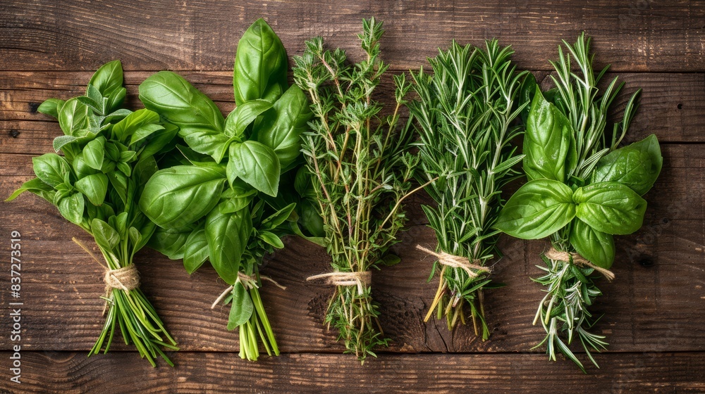 Freshly picked organic herbs like basil, mint, and rosemary, tied in bundles, on a wooden surface, high resolution, aromatic and vibrant Freshly picked organic herbs like basil, mint, and rosemary, tied in bundles, on a wooden surface, high resolution, aromatic and vibrant
