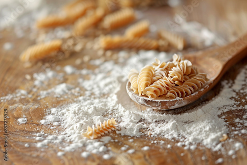 A small mound of whole wheat pasta on a wooden spoon