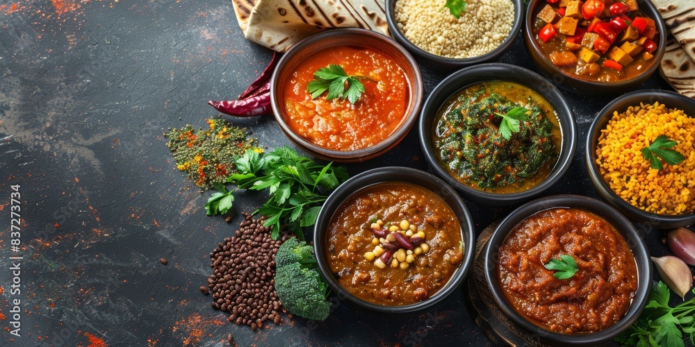 Ethiopian injera with assorted stews, communal eating, cultural tradition, rich and flavorful, rustic background, copy space Ethiopian injera with assorted stews, communal eating, cultural tradition, rich and flavorful, rustic background, copy space