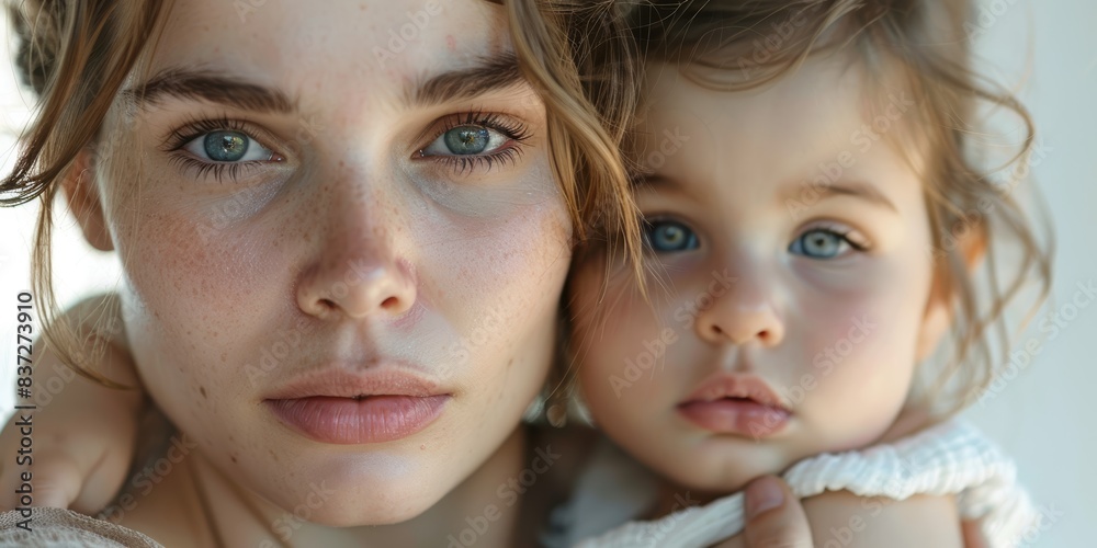 Detailed image of a tired mother holding a baby, dark circles under her eyes, high resolution, isolated on white background, sleep deprivation