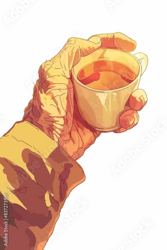 Aged man's or woman's hand holding cup of hot tea isolated on white background closeup. Flat simple style illustration. 