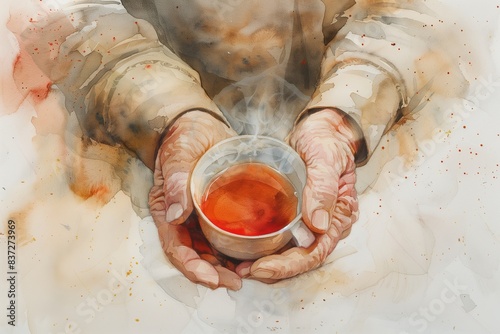 Aged man's hands holds cup of hot tea isolated on white background closeup. Flat simple style illustration. 