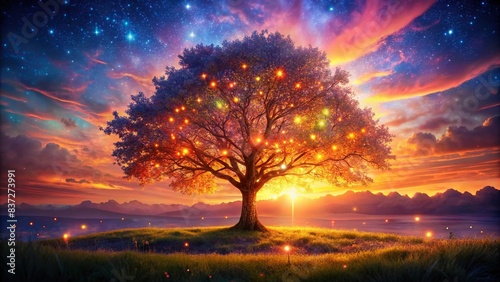 Enchanting digital artwork of magical tree illuminated by light against fiery sunset sky  fantasy  nature  magical  tree  light  sunset  sky  digital art  enchanting  awe-inspiring