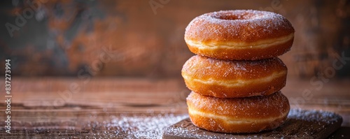 Deepfried donuts with visible greasiness, unhealthy treat, high in trans fat, indulgent yet harmful, bakery setting, copy space