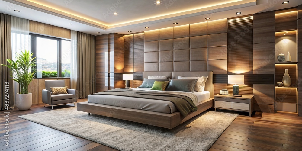 Contemporary bedroom featuring a platform bed, accent wall, and ...