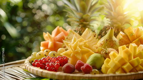 Tropical fruit platter with starfruit  grapes  pineapple  and kiwi in sunlight  