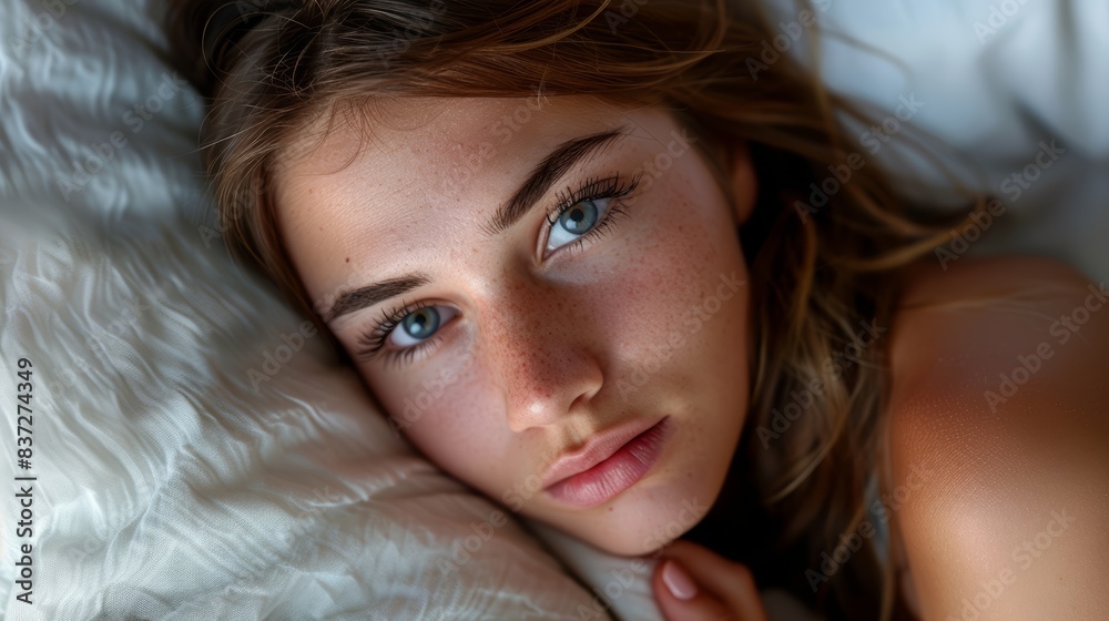 Closeup of a tired woman with dark circles under her eyes, lying awake in bed, high detail, isolated on white background, sleep deprivation concept Closeup of a tired woman with dark circles under her eyes, lying awake in bed, high detail, isolated on white background, sleep deprivation concept