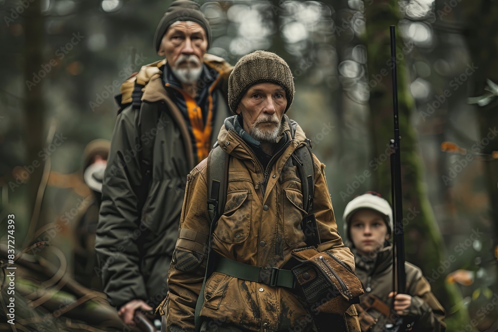 Fototapeta premium Group of hunters in the forest dressed in warm clothing