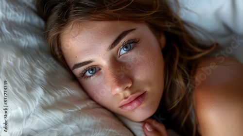 Closeup of a tired woman with dark circles under her eyes, lying awake in bed, high detail, isolated on white background, sleep deprivation concept