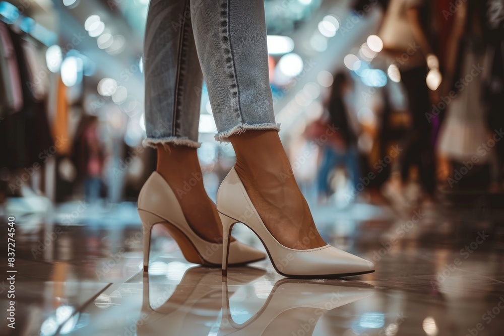 Close up of legs elegant woman with heels while shopping for luxury footwear in boutique, Shoes fashion concept.