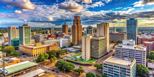 Cityscape of Harare, Zimbabwe with modern skyscrapers and colorful buildings , Harare, Zimbabwe, cityscape, skyline, urban, buildings, skyscrapers, architecture, modern, colorful, vibrant photo