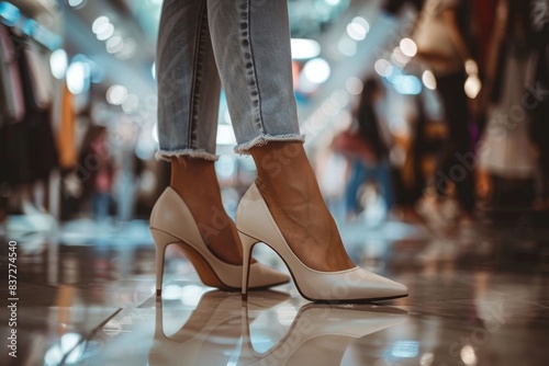 Obraz na płótnie Close up of legs elegant woman with heels while shopping for luxury footwear in boutique, Shoes fashion concept. w salonie