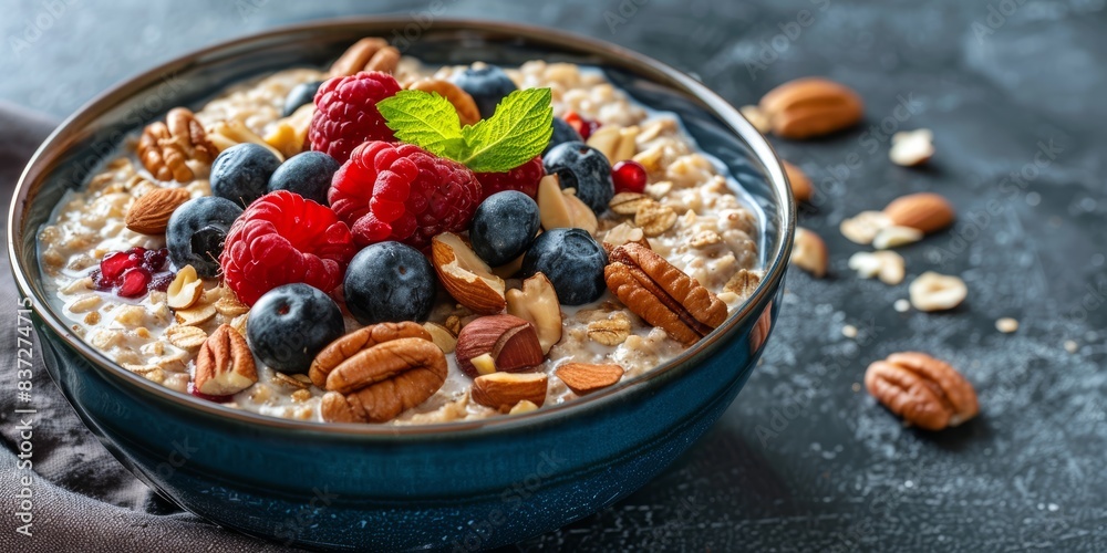 Bowl of overnight oats topped with nuts and fresh fruit, healthy breakfast option, clean eating, cozy setting, copy space Bowl of overnight oats topped with nuts and fresh fruit, healthy breakfast option, clean eating, cozy setting, copy space