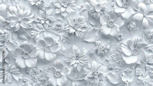 small 3D floral wallpaper design  repeating pattern  white color only