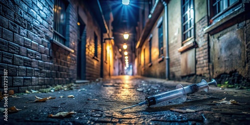 Dark alley at night with an empty syringe on the ground , crime, danger, drugs, addiction, urban, alleyway, shadows, dark, abandoned, illegal, urban decay, substance abuse, risky, abandoned photo