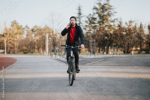 A stylish adult male enjoys a relaxing bike ride in a serene park setting, multitasking by chatting on his mobile phone under the afternoon sun.