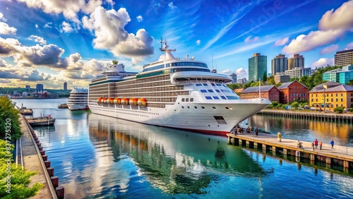 Luxury cruise liner docked at a vibrant harbor on a sunny summer day , travel, vacation, tourism, leisure, getaway, journey, cruise ship, sea, harbor, transportation, lifestyle, relaxation photo