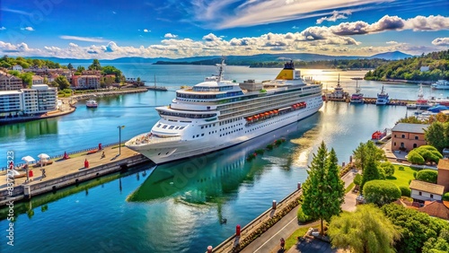 Luxury cruise liner docked at a vibrant harbor on a sunny summer day , travel, vacation, tourism, leisure, getaway, journey, cruise ship, sea, harbor, transportation, lifestyle, relaxation photo
